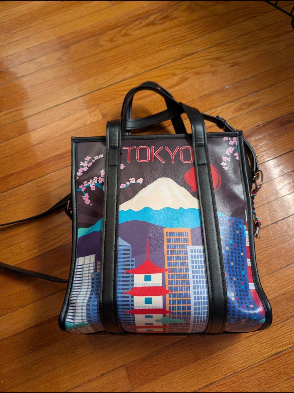 Tokyo Graphic Cityscape Tote Bag in Black with Multicolor Print (12x10x6)